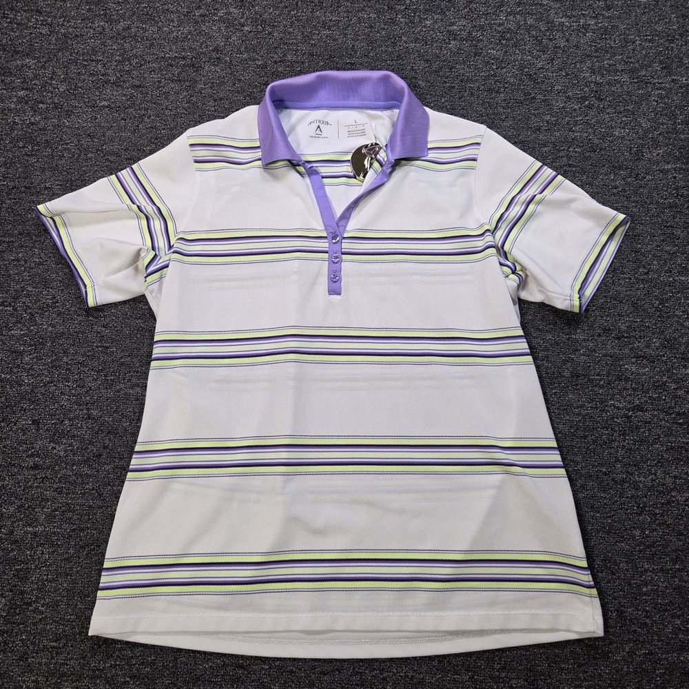 Antigua Polo‎ Shirt Womens Large White Purple Striped Moab Golf Club Desert Dry
